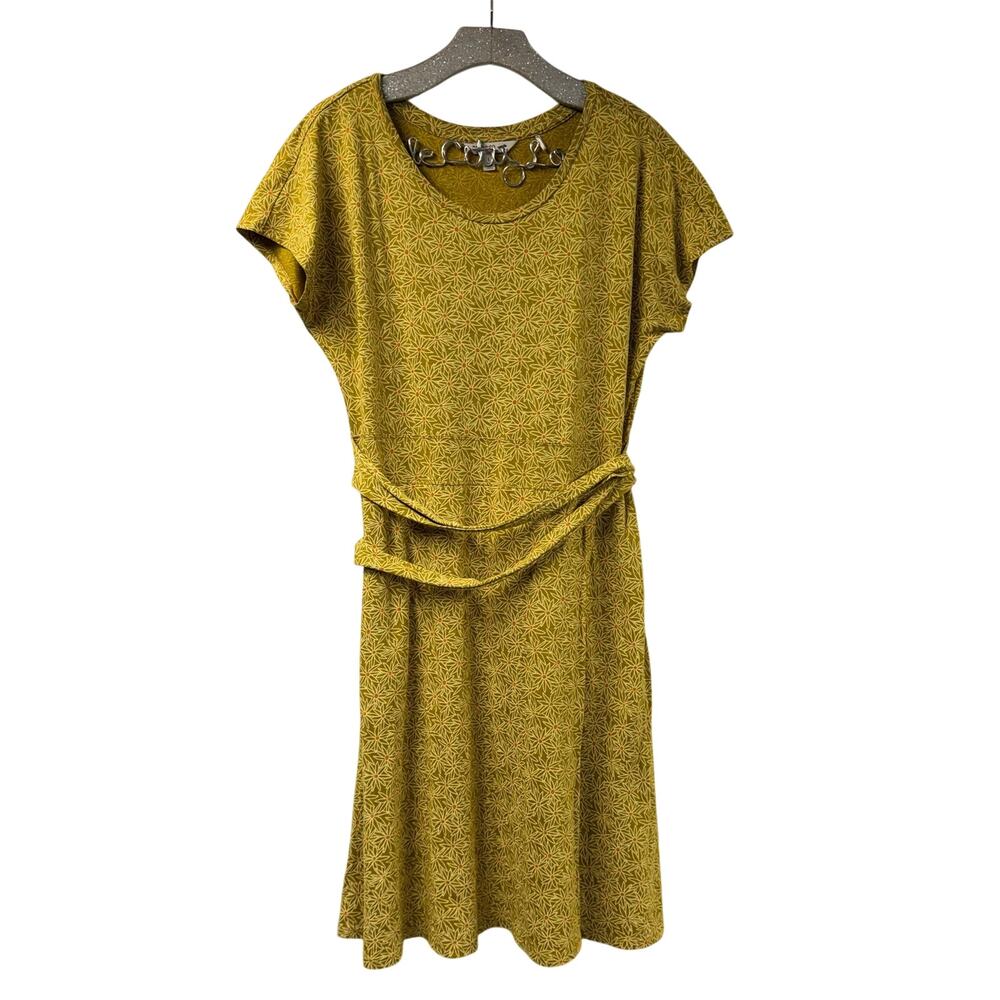 Toad & Co Cue Wrap Dress Short Sleeve Yellow Print Large Pockets